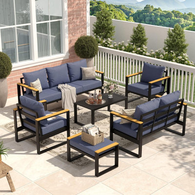 Ensemble de canapé modulaire en aluminium bleu 6 pièces avec coussins de siège épais et lavables pour conversation avec terrasse, balcon, piscine, jardin