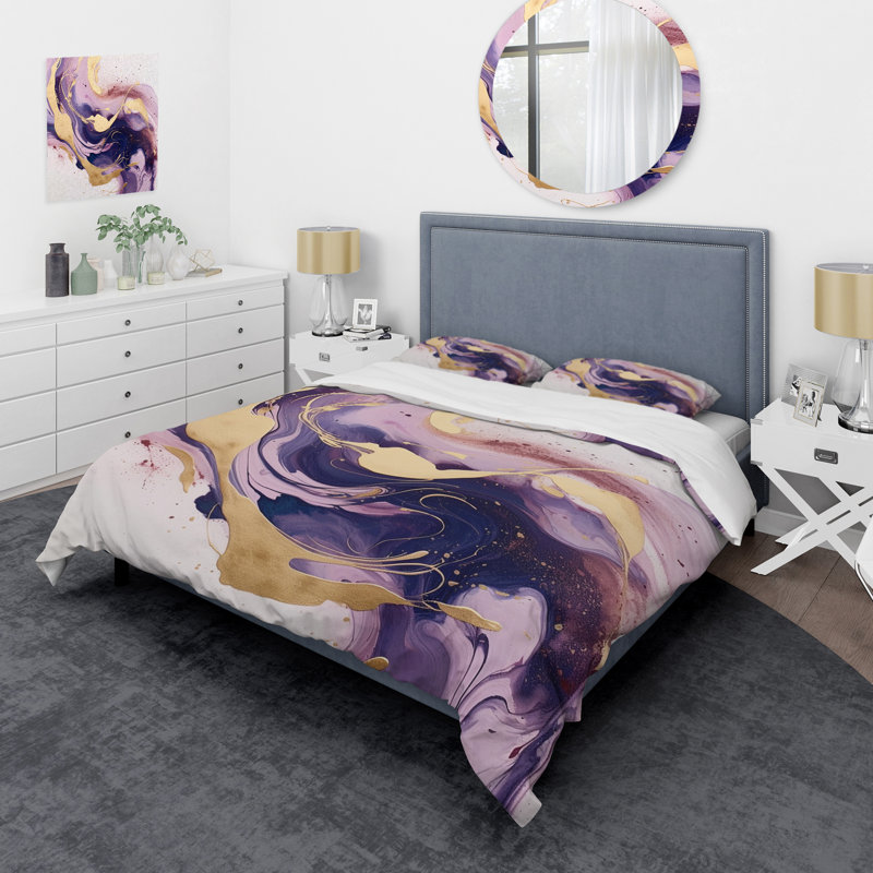 Ensemble de housse de couette en microfibre / polyester mauve et doré Strokes I