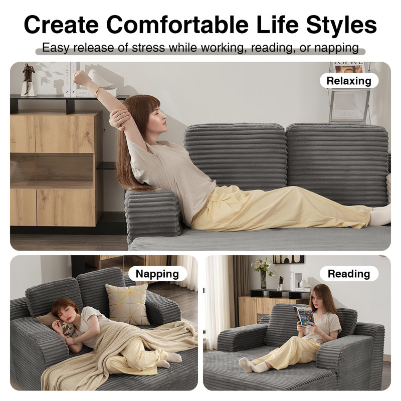 Boneless 60''W Upholstered Chaise Lounge Chair Indoor With Throw Pillows, Plush Chair Bed For Living Room, Sleeper Chair of bedroom
