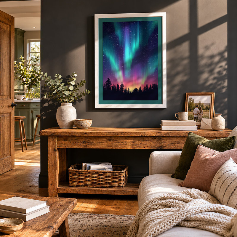 Aurora Over Silent Forest Scandinavian - Framed Print, A3 - 42.0 x 29.7 cm, White