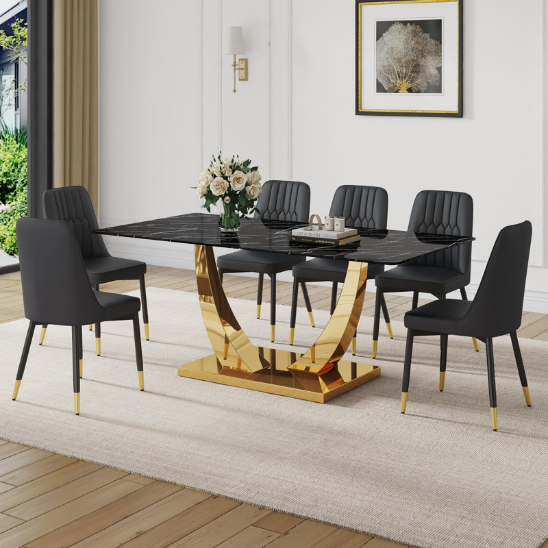 Ensemble de table de salle à manger 71 ", plateau en verre trempé avec pieds en métal, 7 pièces : table, 6 chaises, Noir