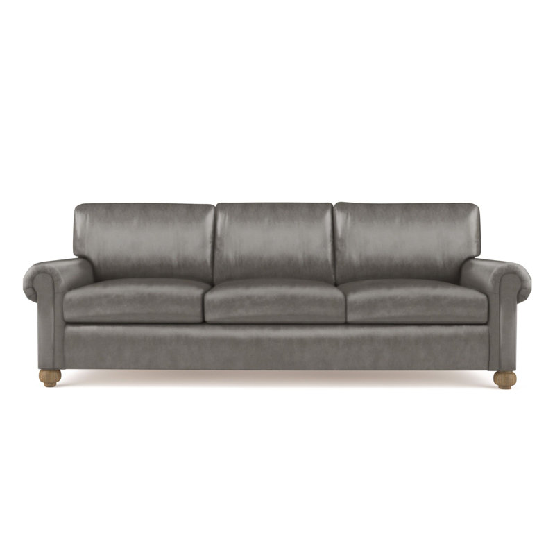 Leroy Rolled Panel-Arm Sofa with Bun Feet, 36" H x 96" W x 43" D, Vintage Leather Pumice, Weathered