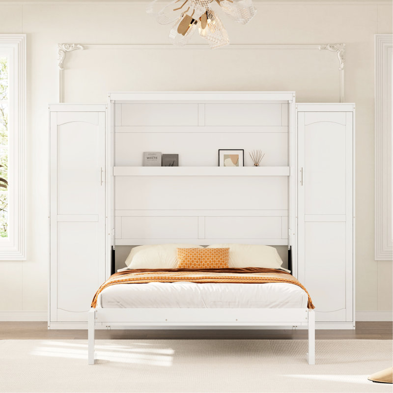 Lit double avec deux garde-robes et une tablette, cadre de lit plateforme fonctionnel pour chambre à coucher et chambre d'amis, chambre d'amis blanche pliable pratique,
