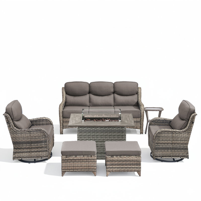 Ensemble de conversation pour foyer d'extérieur en osier de 5 à 7 personnes avec repose-pieds, Grey, Gris