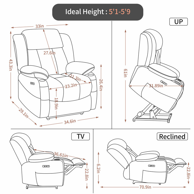 Saiqa Power Lift Chair Recliners With Massage Heating, Brown Chenille