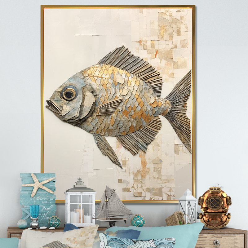 Fish Harmony I - impressions sur toile, H 32 po x l 16 po x P 1 po, Cadre flottant doré