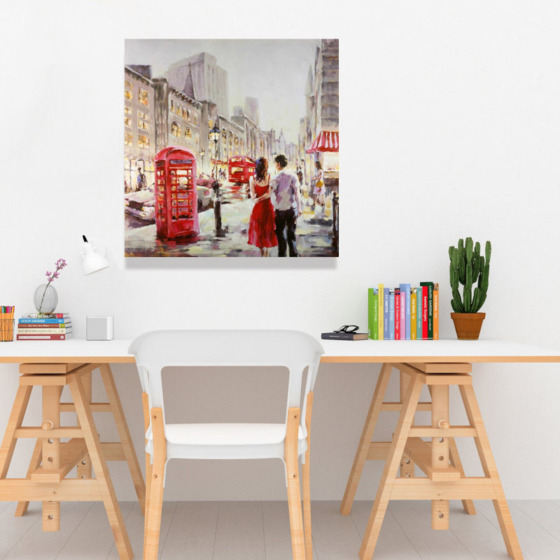 Couple marchant sur toile rouge | Art mural contemporain pour chambre à coucher