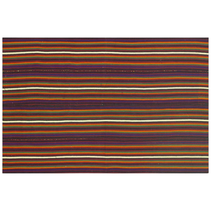Tapis Kilim turc vintage à rayures colorées et audacieuses des années 1950, tissé à plat, petit format (91 x 183 cm).