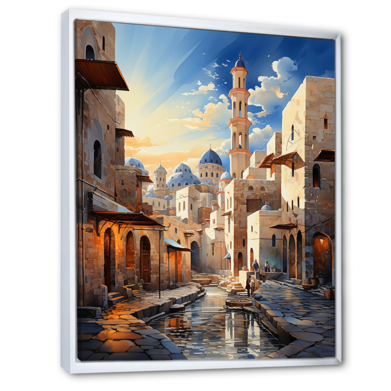 Lyonnie, l'islam, minaret hauteurs sur toile, Cadre flottant blanc, H 44 po x l 34 po x P 1,5 po
