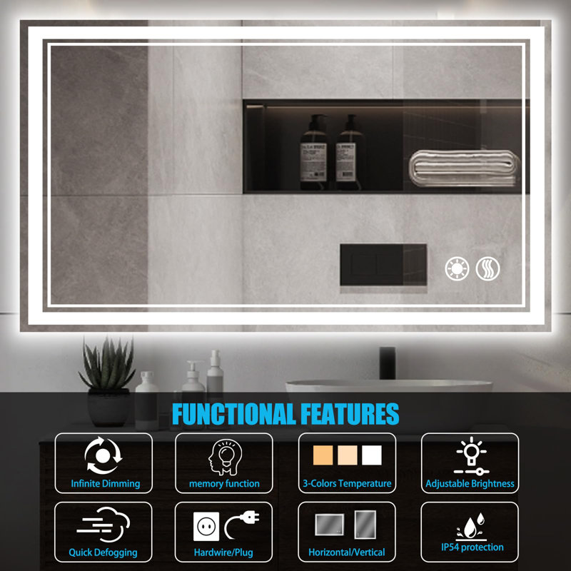 Bathroom Mirror with Lights Anti-Fog Dimmable Lighting 3 Colors  LED Bathroom Mirror Brightness Wall Mounted Easy To Set Up  Horizontal/Vertical