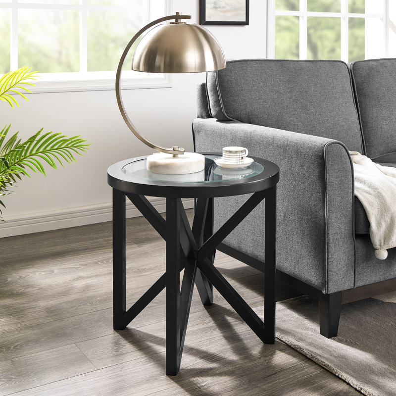 Glass Coffee Table with Solid Wood Base, Black, 22.62" H x 22.13" W x 22.13" D