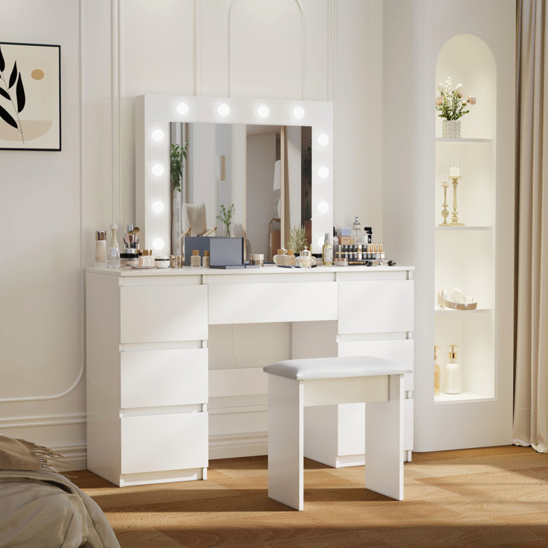 Coiffeuse blanc mat avec lumières et miroir