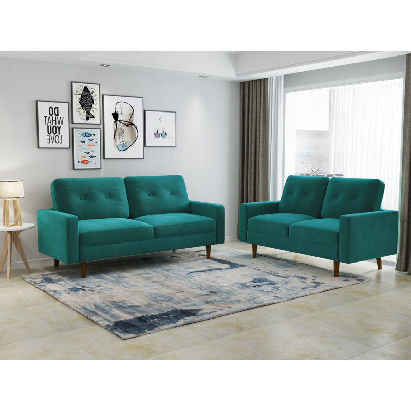 Ensemble de salon configurable en velours 2 pièces Eitelfritz, Velours bleu sarcelle