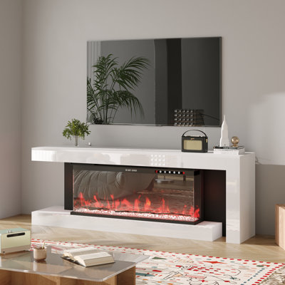 66.9' W White TV Stand With High Gloss Finish And Open Base