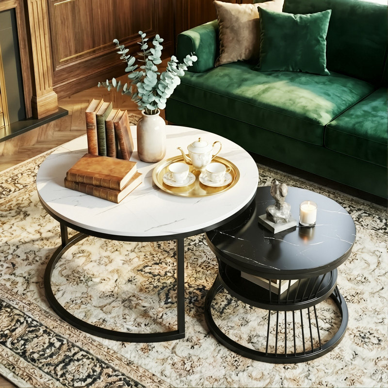 Round Nesting Coffee Tables Set (70+45cm), High-Gloss Faux Marble Top With Wire Metal Frame, White/Black