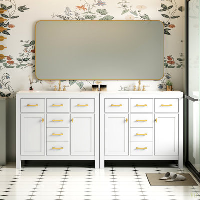 Ensemble de meuble-lavabo 72 po avec lavabo en céramique, meuble-lavabo simple autoportant moderne avec 4 tiroirs et 2 armoires, meuble de rangement pour la salle de bain, ensemble de meuble-lavabo avec cadre en bois massif