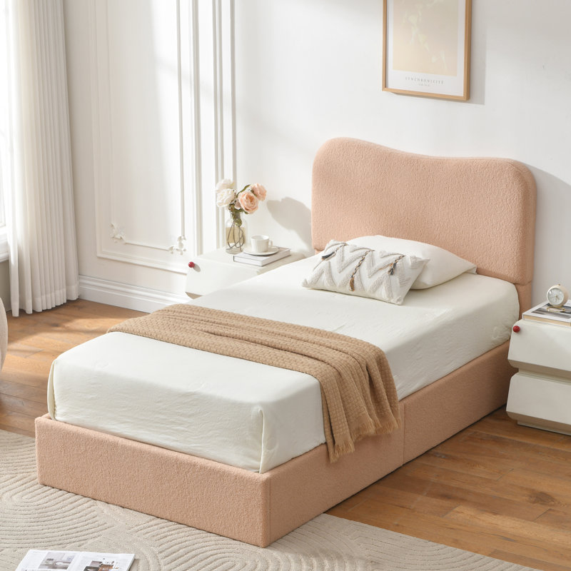 Lit plateforme tapissier Bensu Boucle, Simple, Rosé
