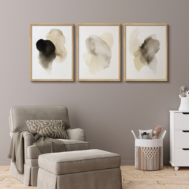Ensemble de 3 reproductions d'art encadrées délavées à l'encre beige doux pour le couloir de chambre à coucher, Naturel