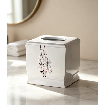Vanda Cherry Blossom White Square Resin Tissue Box Cover with Sliding Bottom for Easy Refill and Decorative Bathroom Organizer