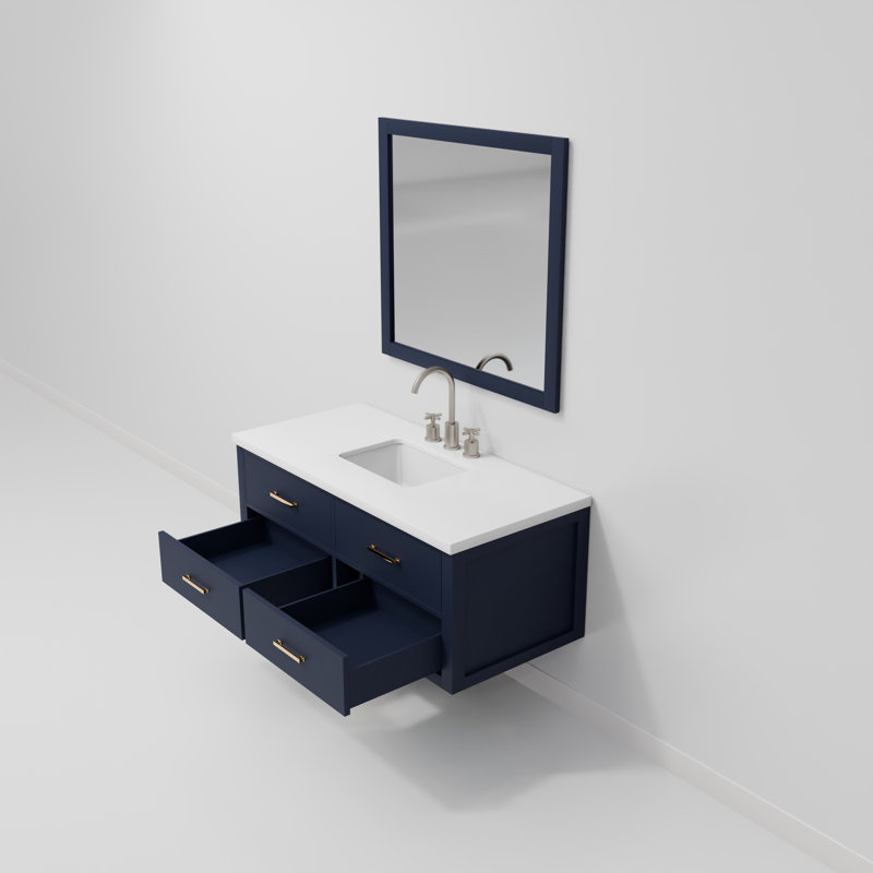 Castor 48" W x 22" D Single Bath Vanity, 43" Mirror & Chrome Faucet Set, Blue, White Cultured Marble