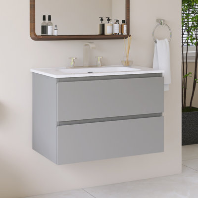 Meuble-lavabo mural simple avec comptoir intégré en céramique blanche