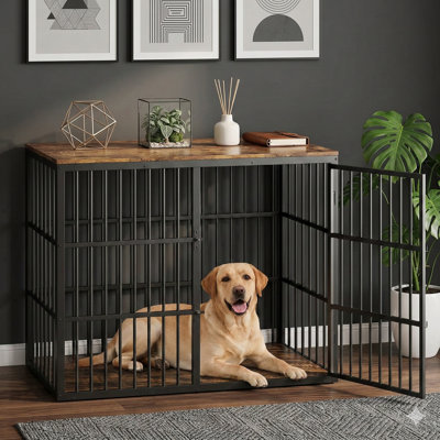 Cage pour chien extra-large avec trois portes verrouillables de 122 cm, conception trois-en-un avec cadre mÃ©tallique robuste et panneaux en bois, pouvant servir de table d'appoint pour les chiens de taille moyenne Ã  grande, finition brune et noire