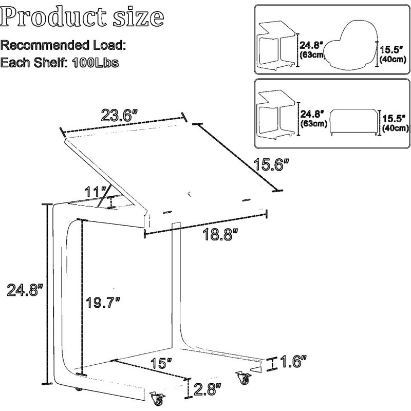Table de bout réglable en forme de C avec roulettes verrouillables, table d'appoint roulante peu encombrante pour canapé, salon et chambre à coucher