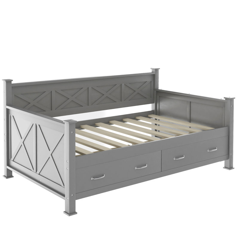 Lit de jour simple avec 2 grands tiroirs, structure en X, lit de jour moderne et rustique, Gris