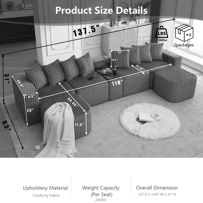 Canapé modulaire en forme de U désossé de 137,5 po avec charge USB et sans fil, table basse mobile et repose-pieds, canapé modulaire en velours côtelé 8-en-1 sans assemblage requis pour les grands salons (6 places)