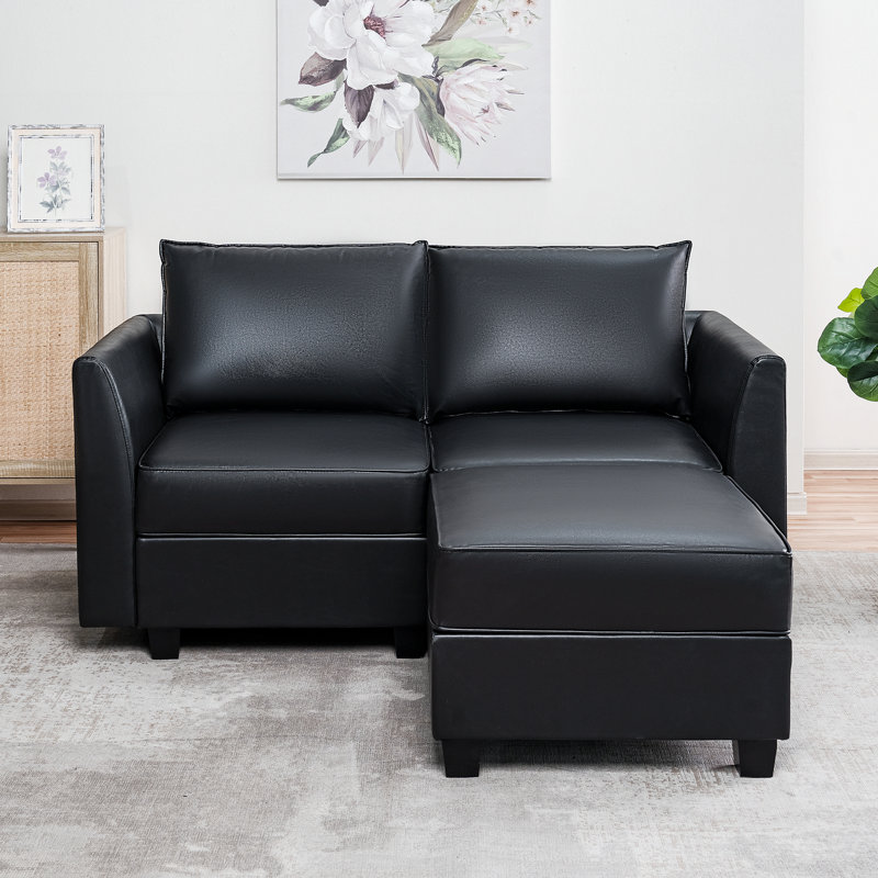 Rudwan Convertible Sectional Air Leather Loveseat with Ottoman – Modern Reversible Chaise Sofa, Black