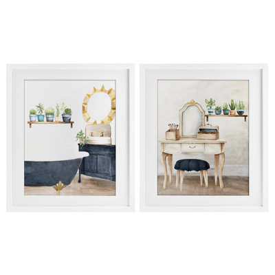 Blue Tub Bathroom Interior 2pc Framed Print Under Glass Set, design by Kim Allen