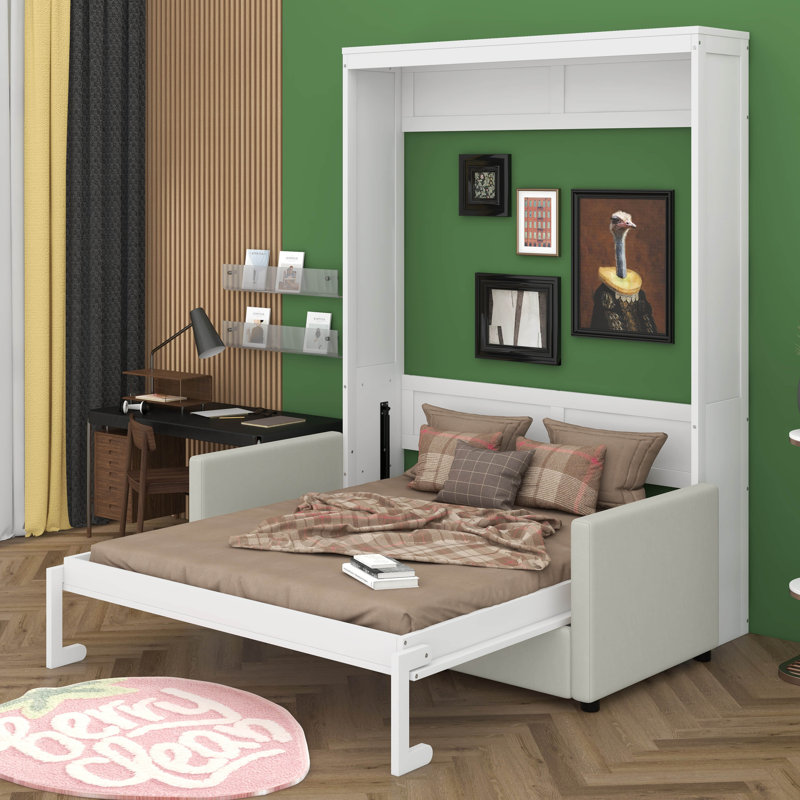 Lit escamotable mural avec coussin Kiora, Blanc, Double