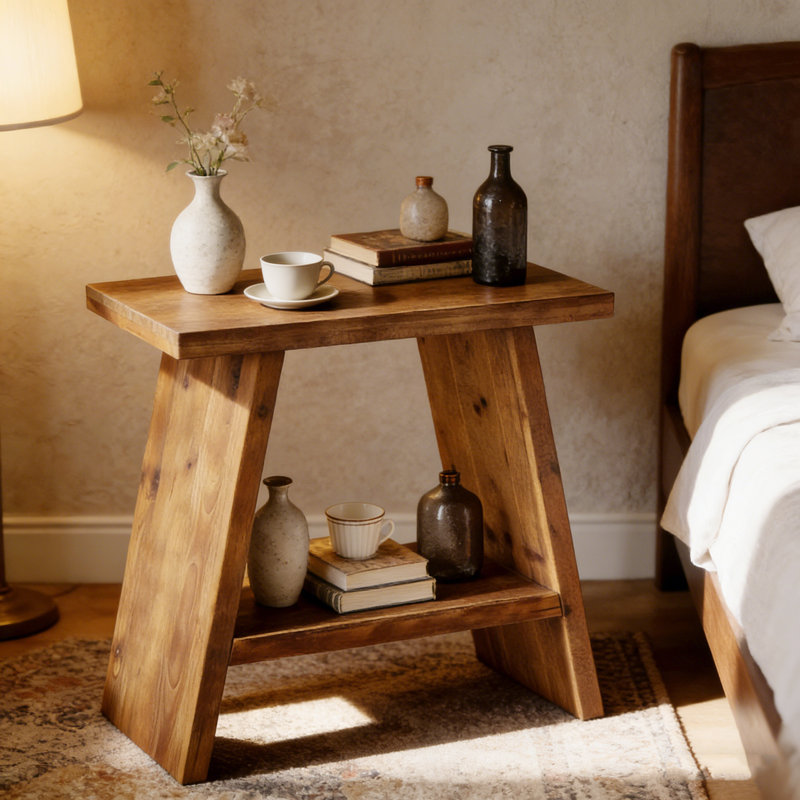 Solid Wood 2-Tier End Table, Sofa Side Table with Storage Shelf