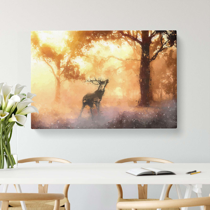 Deer Stag in an Autumn Forest in Abstract - Wrapped Canvas, 60cm H x 91cm W x 3cm D