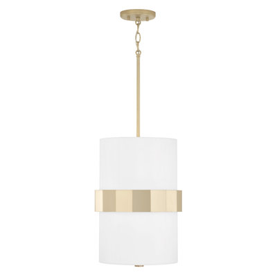 Luminaire suspendu tambour 2 lumières l 12 po x H 18 po en or doux avec abat-jour en tissu blanc et diffuseur en verre givré