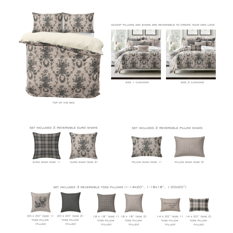 Country Lane Toile Ebony Cotton Coverlet Set  8 Piece, California King Coverlet + 7 Additional Pieces