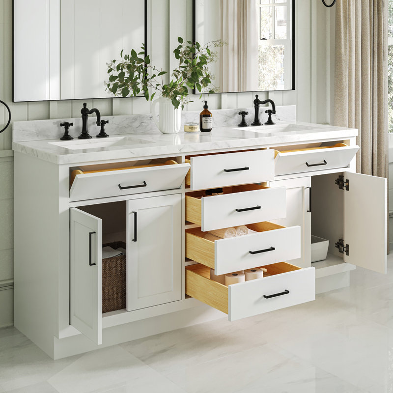 ARIEL HEPBURN 73 IN DOUBLE RECTANGLE SINK VANITY 1,5 IN, Rectangular, White, 73"