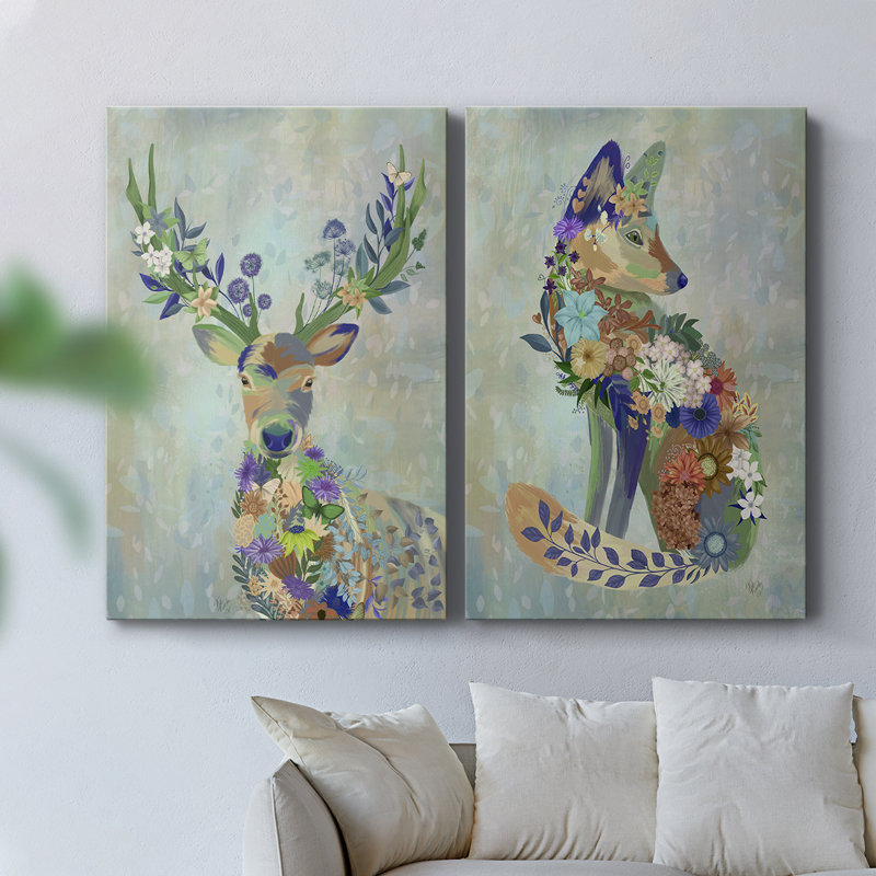 Fantastic Florals Deer, Portrait - Toile tendue avec châssis de qualité supérieure - Prêt à être accroché, H 48 po x l 64 po