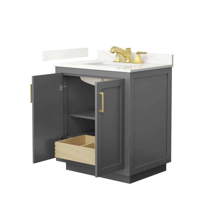 Ensemble de meuble-lavabo simple autoportant 30 po avec plateau en quartz Miranda, Giotto Quartz, Gris foncé, Or brossé
