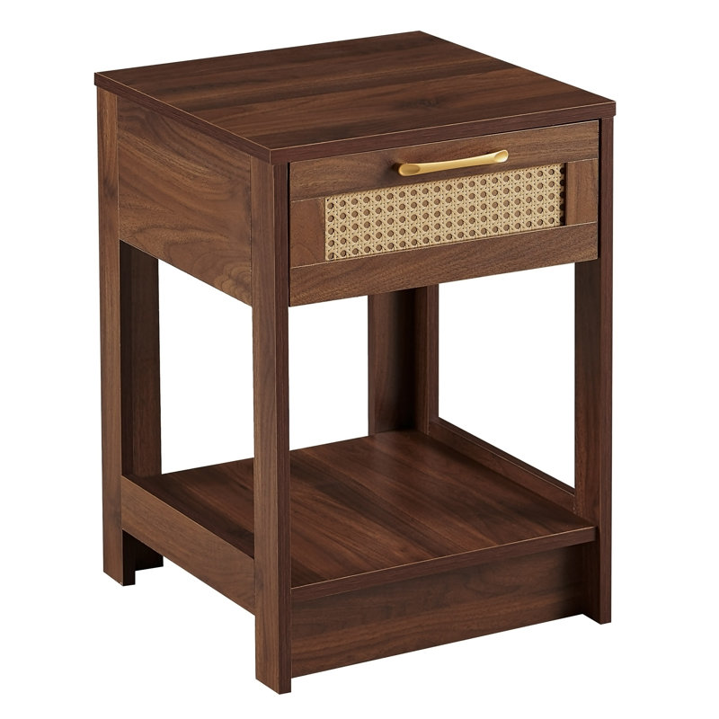 PE Rattan End Table with Drawer, Modern Nightstand, Side Table for Living Room, Bedroom, Walnut