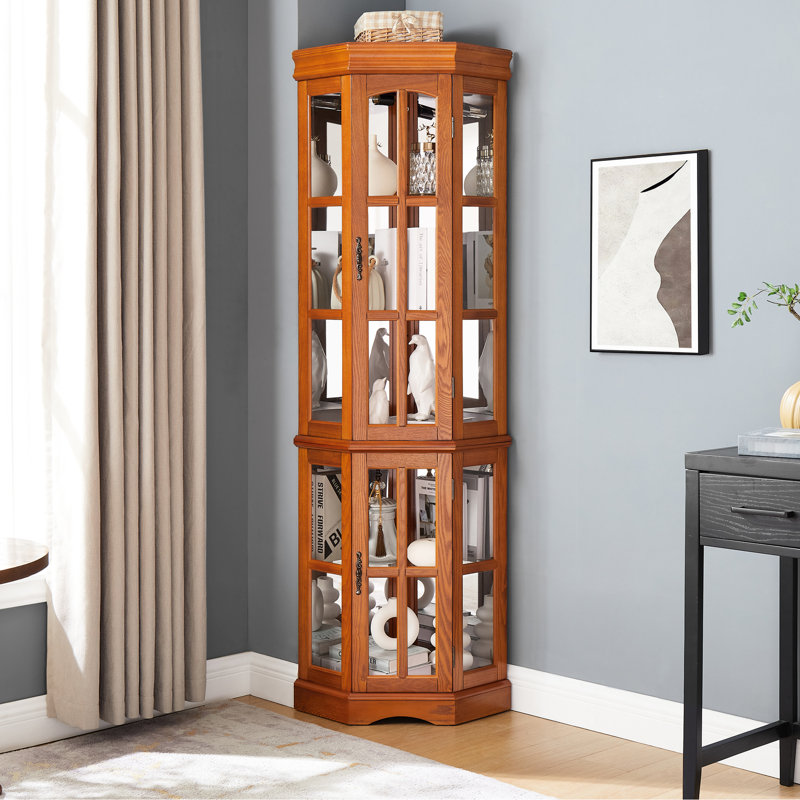 Armoire de coin en chêne avec 5 tablettes et éclairage, Chêne