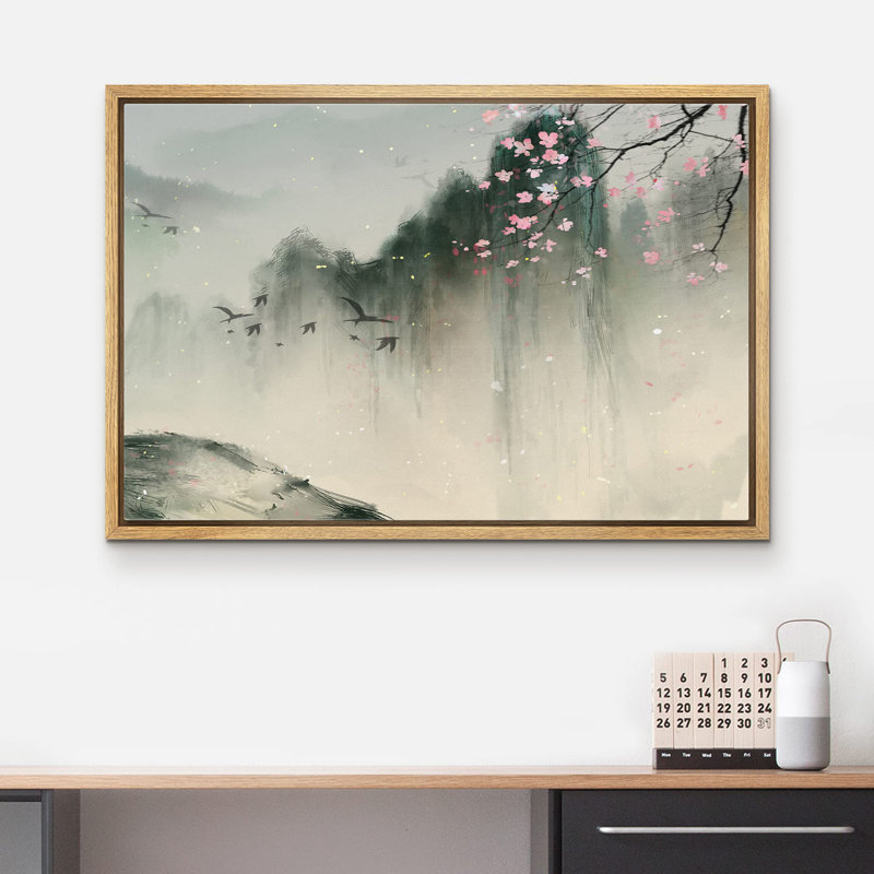Paysage abstrait «Montagnes printanières avec oiseaux et fleurs de cerisier» sur, Encadré naturel, H 16 po x l 24 po