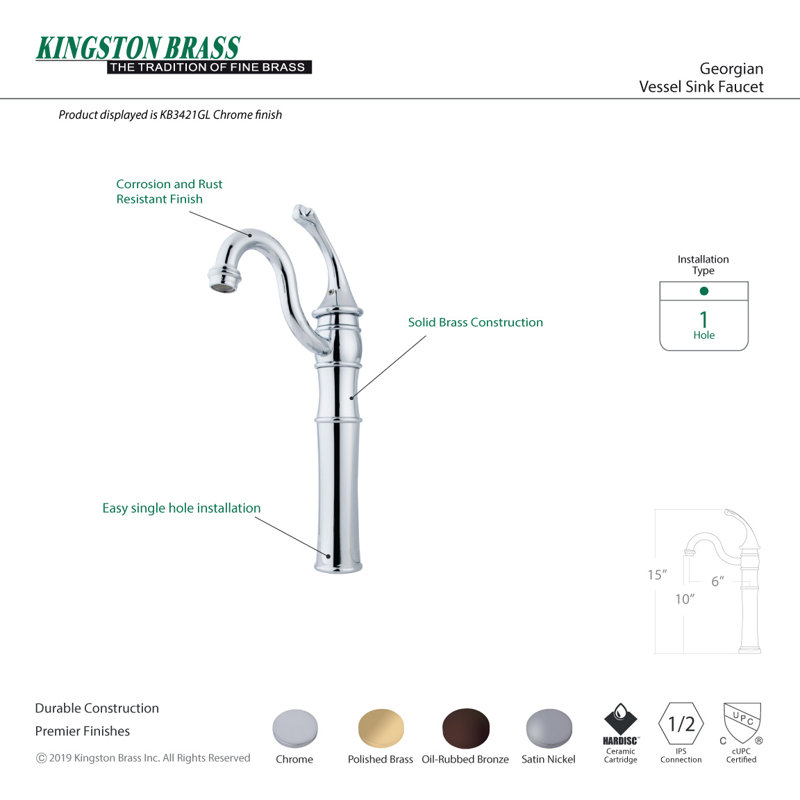 Kingston Brass Georgian Single-Handle 1-Hole Deck Mount Vessel Faucet, Brushed Nickel