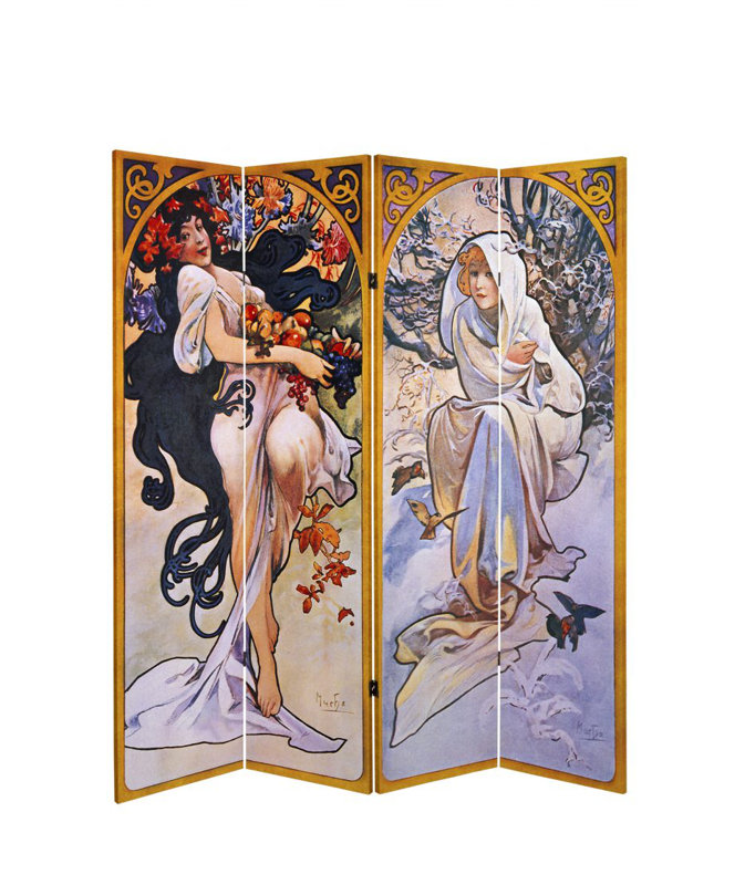 71" x 51.66" Tall Double Sided Four Seasons Canvas 4 Panel Room Divider, 6 ft Tall