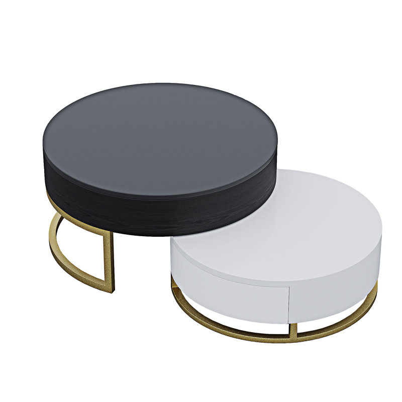 Table basse ronde à plateau relevable en bois, Noir / blanc