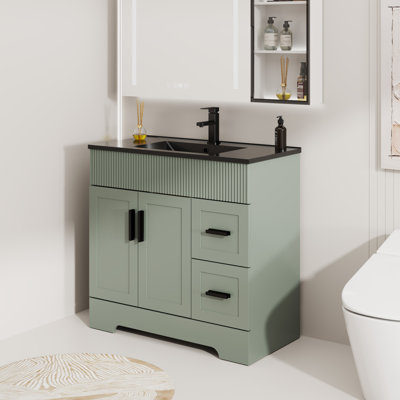 Meuble-lavabo simple 36 po avec lavabo noir, robinet et drain, peint à la main