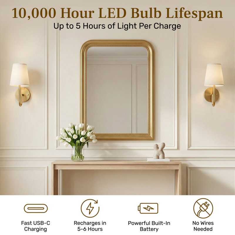 Bell + Howell Rechargeable Wall Light Sconce 2 Pack with Fabric Shade and Dimmable - Gold, Gold