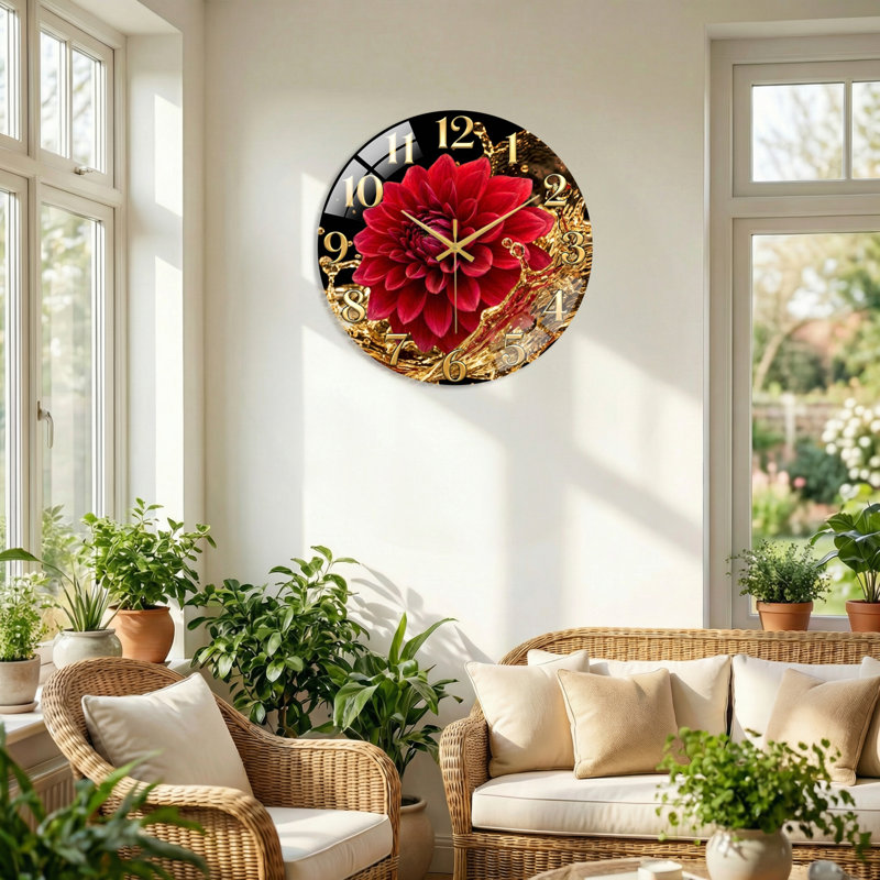 Horloge murale florale en verre, 40 x 40 cm (15,7 x 15,7 pouces)