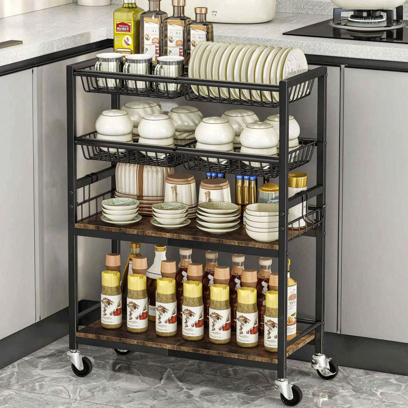 Chariot de rangement sur roulettes à 4 niveaux pour la cuisine, porte-panier sur roulettes, tablette multi-usages