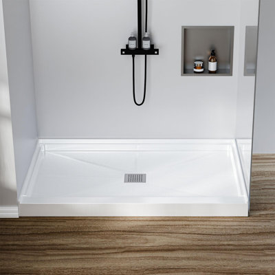 Shower Pan 60" x 32", Non-Slip Shower Base with Center Drain & 304 Stainless Steel Square Drain Cover, Single Threshold Floor Shower Tray Kit for Easy Installation, White
